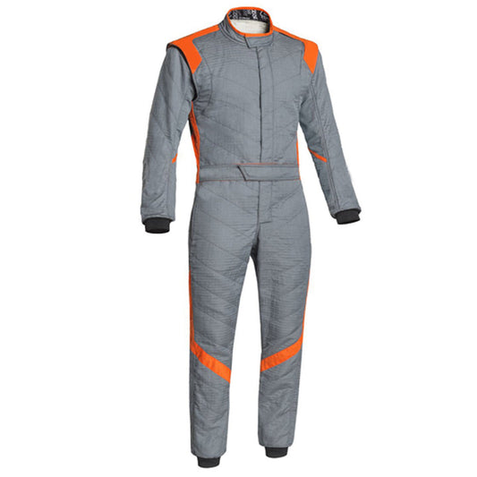 A gray and orange go-kart driver racing gear suit with a full zip and elasticated cuffs.