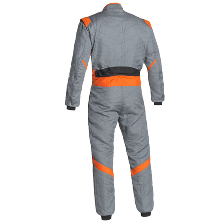 back of gray go-kart driver racing gear featuring lightweight breathable fabric, secure zip closure, stretch panels for comfort and matching gloves & belt – custom name option available.