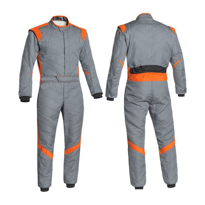 Front And Back View of gray go-kart driver racing gear featuring lightweight breathable fabric, secure zip closure, stretch panels for comfort and matching gloves & belt – custom name option available.