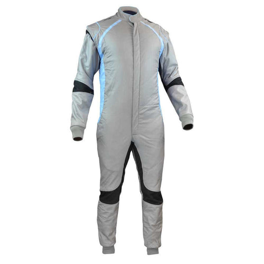 A gray go-kart race costume with blue accents, featuring a full zip, elasticated cuffs, and reinforced fabric at the knees.