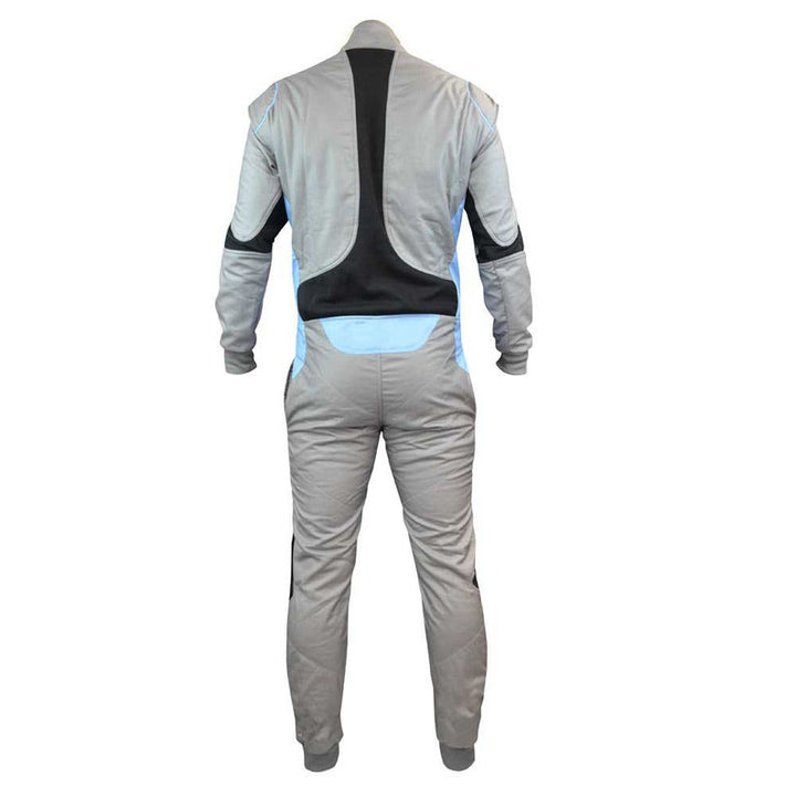 gray go-kart race costume featuring lightweight breathable fabric, secure zip closure, stretch panels for comfort and matching gloves & belt – custom name option available.