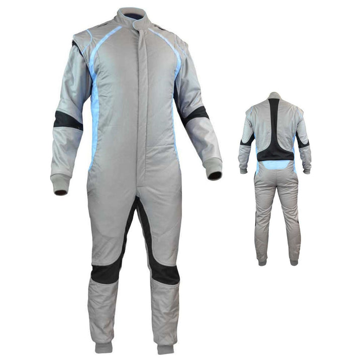 Front and back view of Gray go-kart race costume with full front zip, elasticated cuffs and ankles, high collar