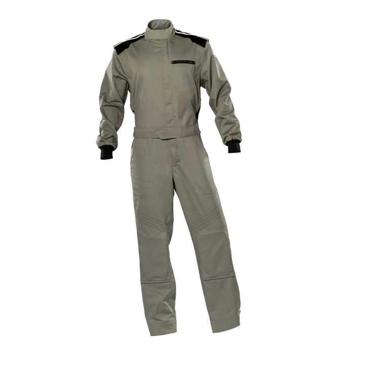 A Front view of gray karting driver racing wear with a full zip, elasticated cuffs, and a fine and soft collar with Velcro.