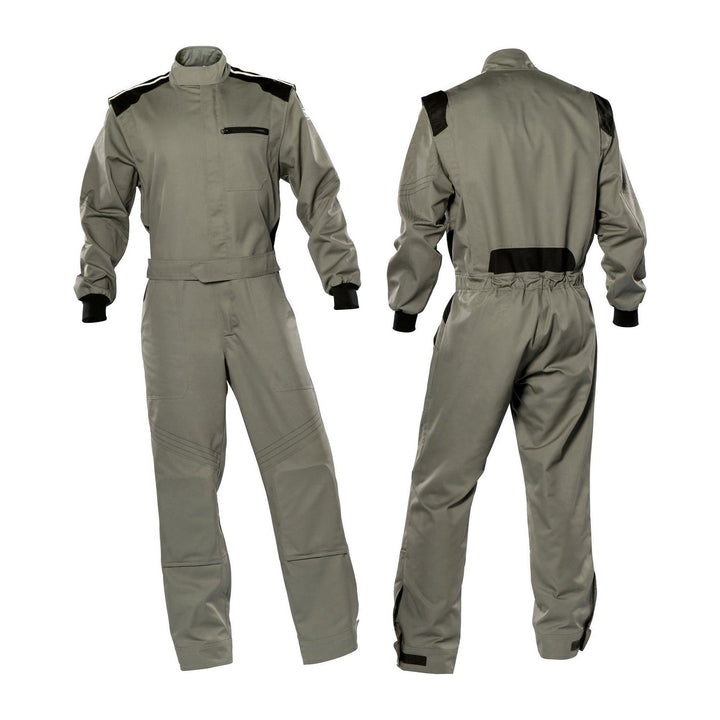 Front And Back View of Gray Karting Driver Racing Wear – Premium Lightweight Go Kart Suit with Safety Padding, Breathable Flame-Resistant Fabric for Adults and Kids