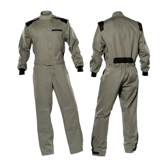 Front And Back View of Gray Karting Driver Racing Wear – Premium Lightweight Go Kart Suit with Safety Padding, Breathable Flame-Resistant Fabric for Adults and Kids