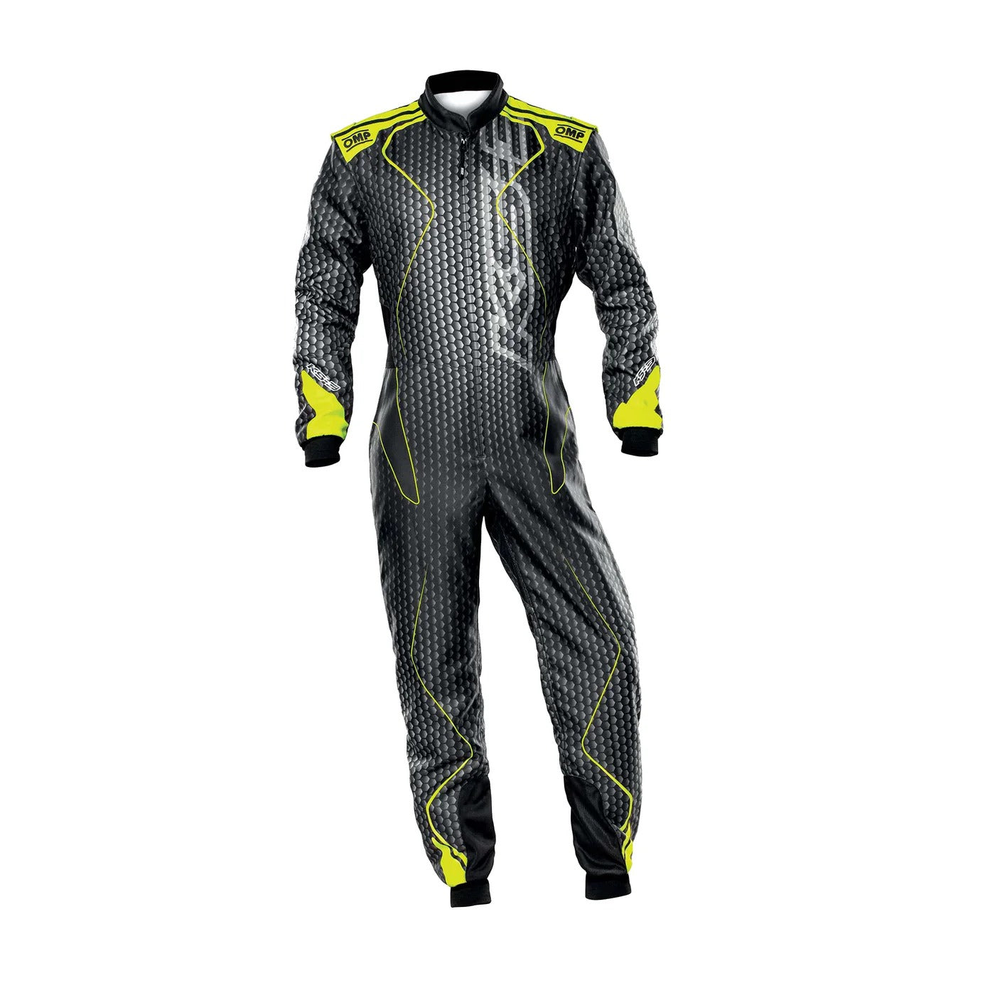 Front view of black and yellow OMP KS-3 ART go-kart racing suit featuring elegant gray tone, ergonomic design, and lightweight karting construction.