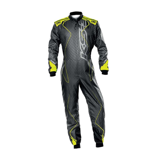 Front view of black and yellow OMP KS-3 ART go-kart racing suit featuring elegant gray tone, ergonomic design, and lightweight karting construction.