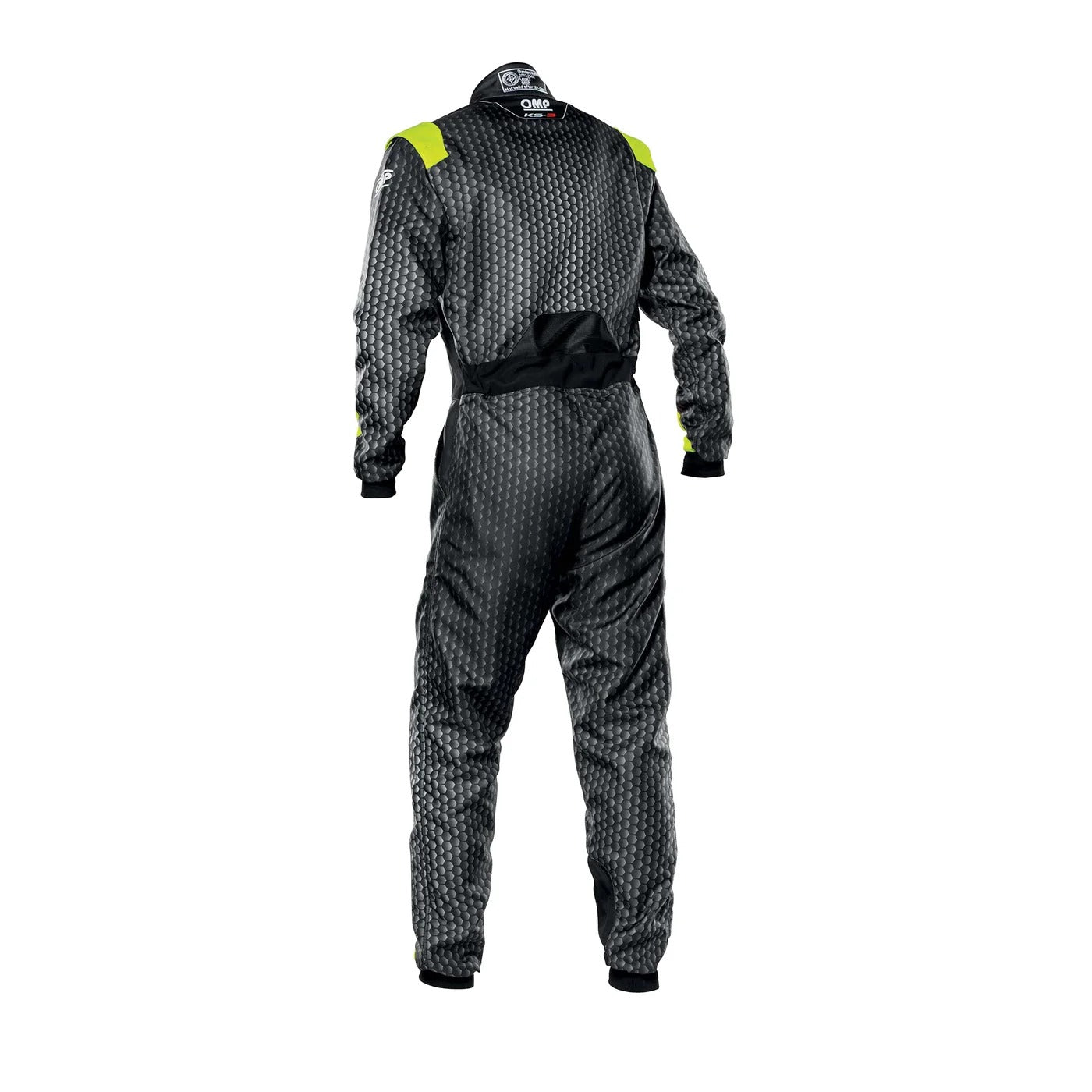 Back view of black with yellow accents OMP KS-3 ART go-kart racing suit showing reinforced seams, stretch comfort panels, and sleek racing silhouette.