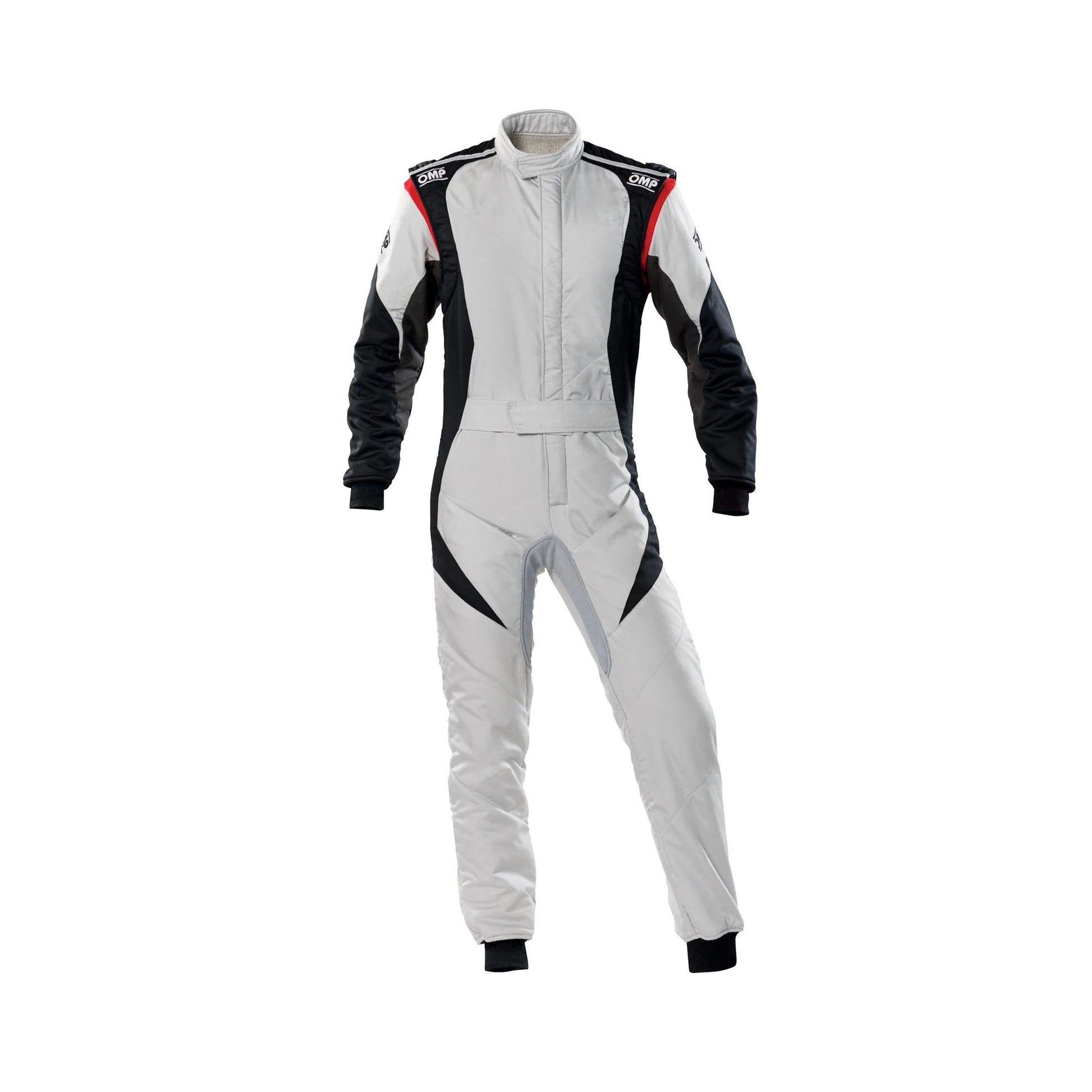 A gray OMP Tecnica Evo Race Suit with red and black accents, designed for competitive drivers, featuring a full zipper, elasticated cuffs, and a fine and soft collar.