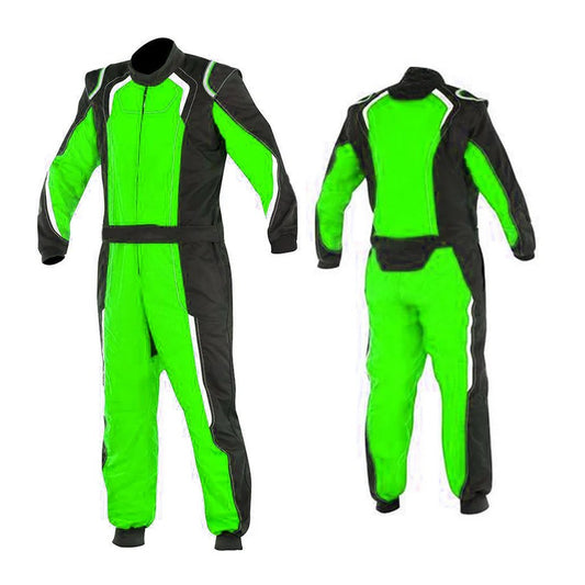 A vibrant green custom go-kart racing suit with black accents, displayed frontally and back. The suit features a full zip, elasticated cuffs, and a fine collar with Velcro.