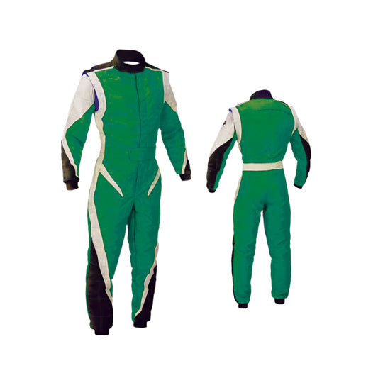 A green racing suit for go karting, displayed from front and back, with white and black accents and elastic cuffs.