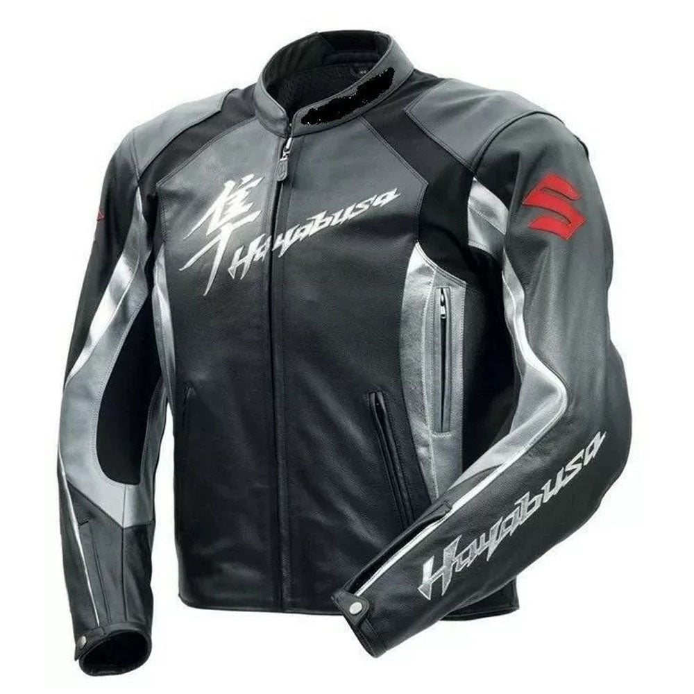 Grey Suzuki Hayabusa Motorbike Leather Racing Jacket
