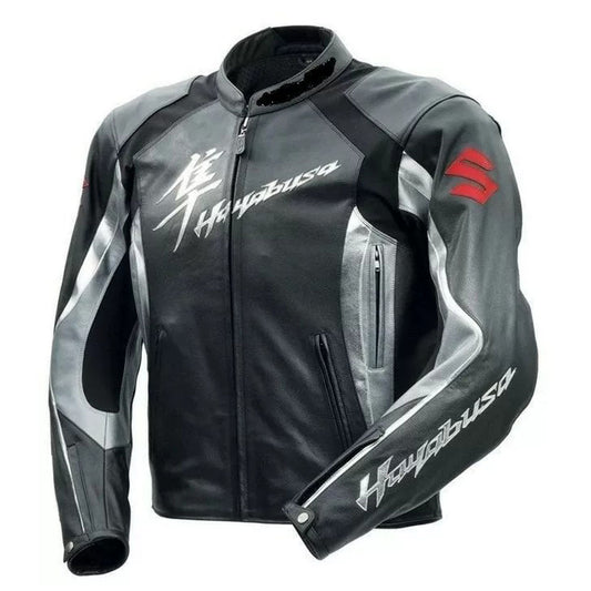 Grey Suzuki Hayabusa Motorbike Leather Racing Jacket