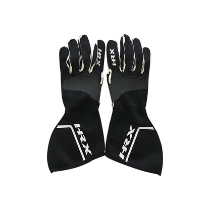 Pair of black HRX Mechanic Racing gloves with 'HRX' branding on a white background