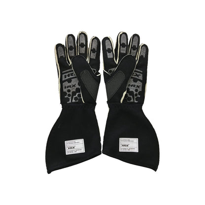 Pair of black HRX Mechanic Racing gloves with patterned palm on a white background