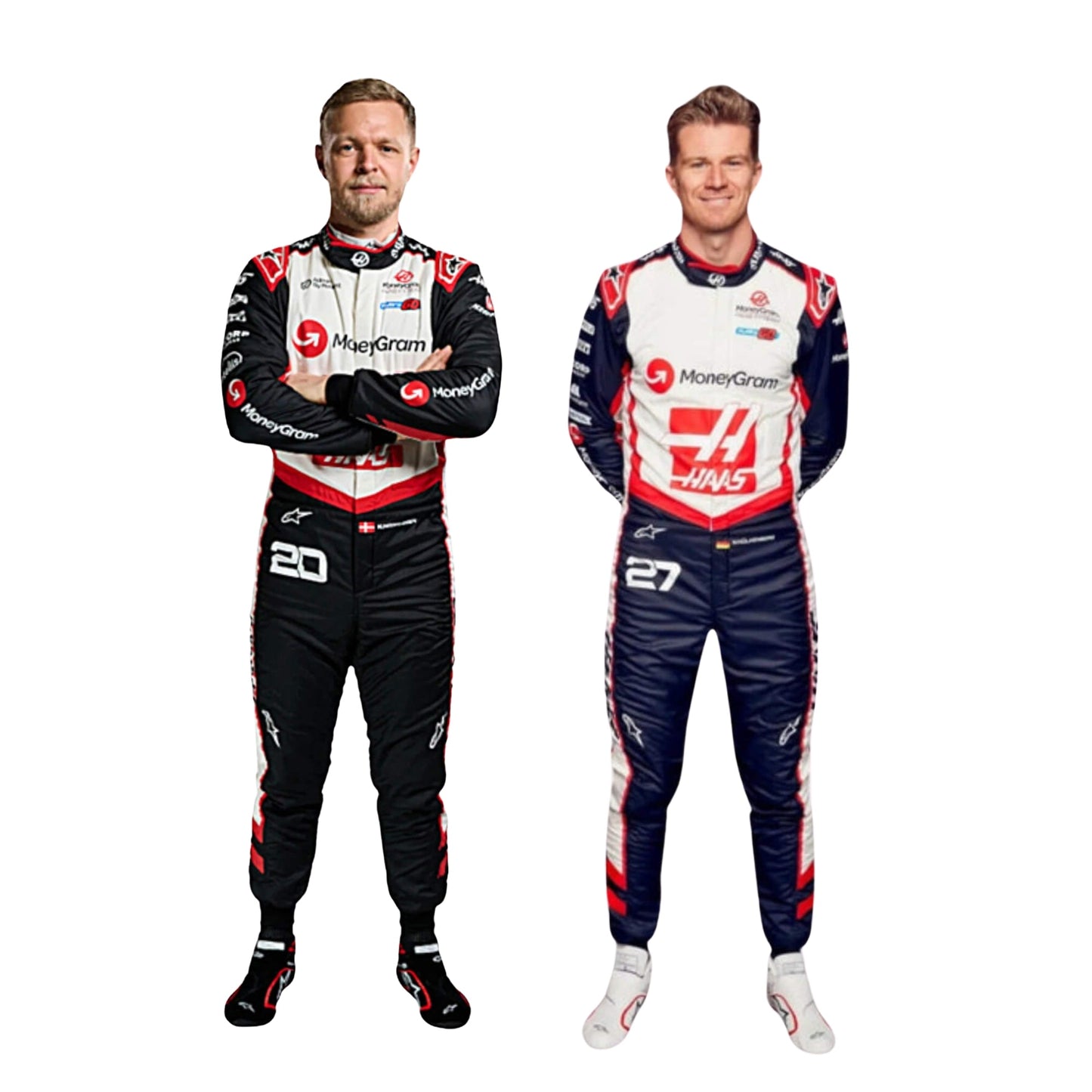 Kevin Magnussen and Nico HUlkenberg posing together in Hass F1 Racing Suits.