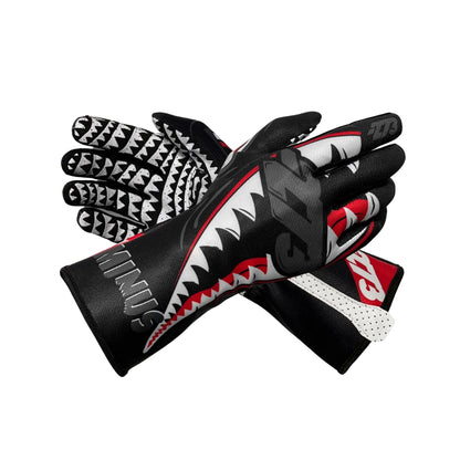 Black, white, and red JAWS minus 273 racing gloves with shark design on a white background