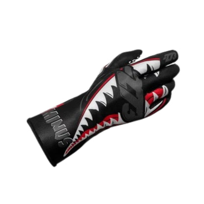 Black JAWS minus 273 racing glove with shark mouth design on a white background