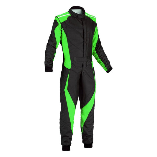 A one-piece black and green kart race Cordura suit with a full zip and elasticated cuffs.