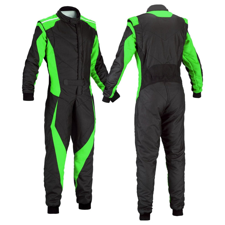 black and green Cordura one-piece kart racing suit featuring lightweight breathable fabric, secure zip closure, stretch panels for comfort & belt – custom name option available.