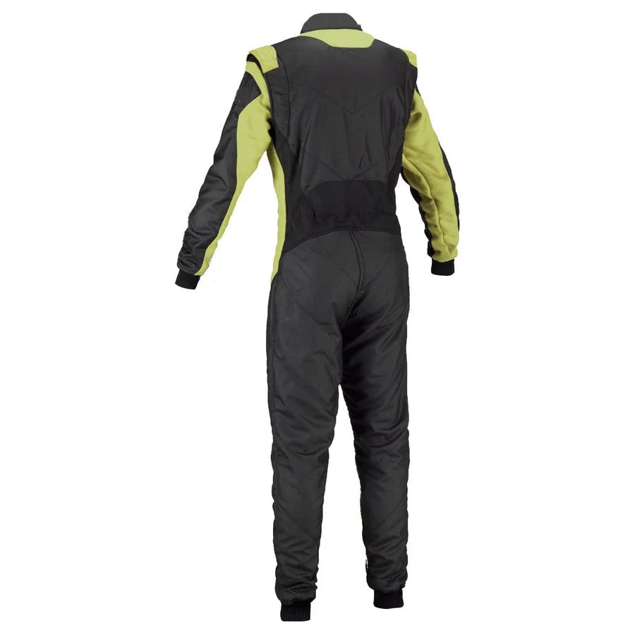 Rear View of Black/Yellow Custom Go-Kart Driver Race Costume