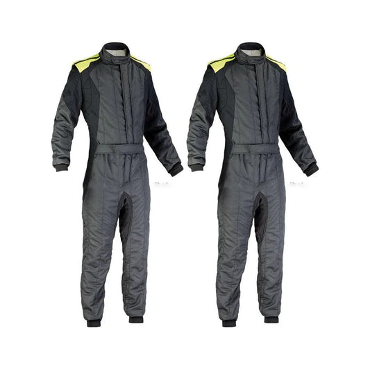 A pair of gray karting suits with yellow accents, featuring a full zip, elasticated cuffs, and a fine collar with Velcro.
