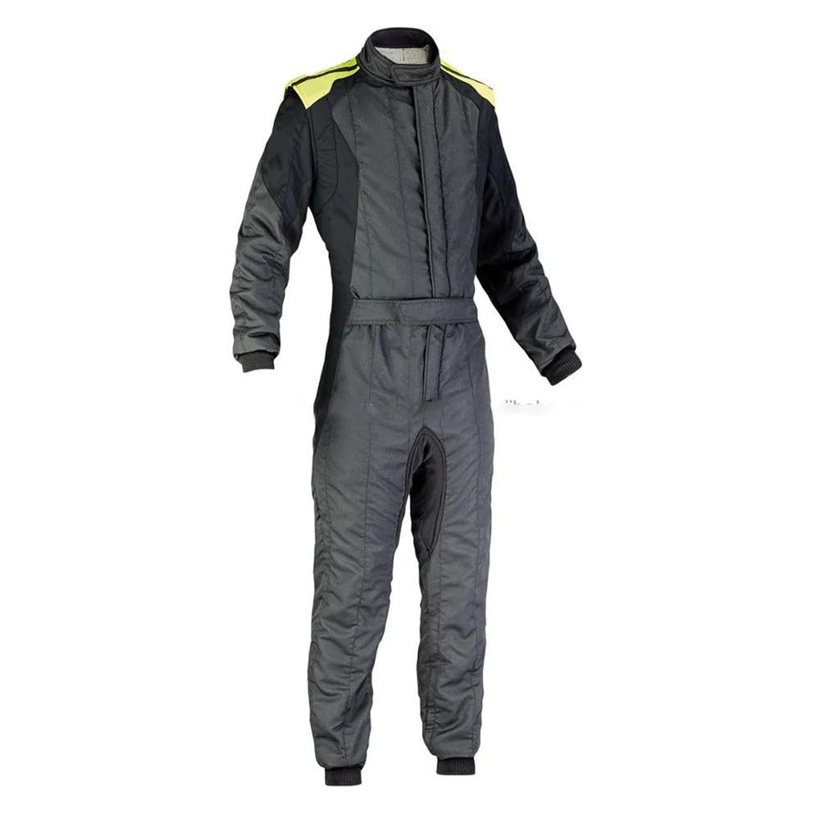 gray Cordura one-piece karting race suit featuring lightweight breathable fabric, secure zip closure, stretch panels for comfort and adjustable belt – custom name option available.