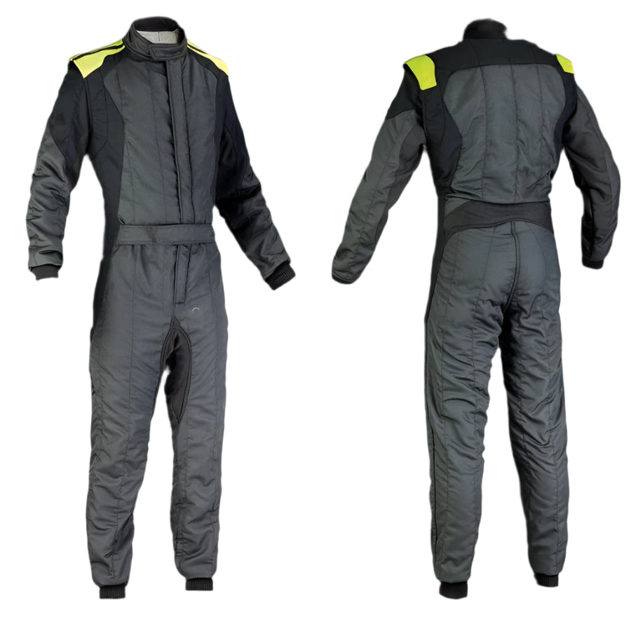 Front nd Back view of gray Cordura one-piece karting race suit 