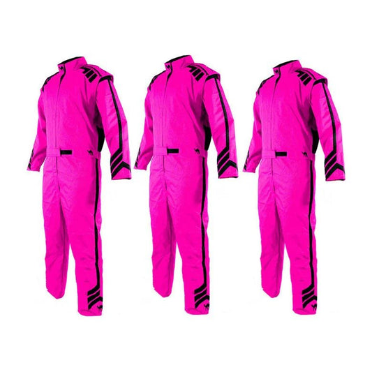 Three pink one-piece karting suits with a checkered pattern and full zip design, displayed against a white background.