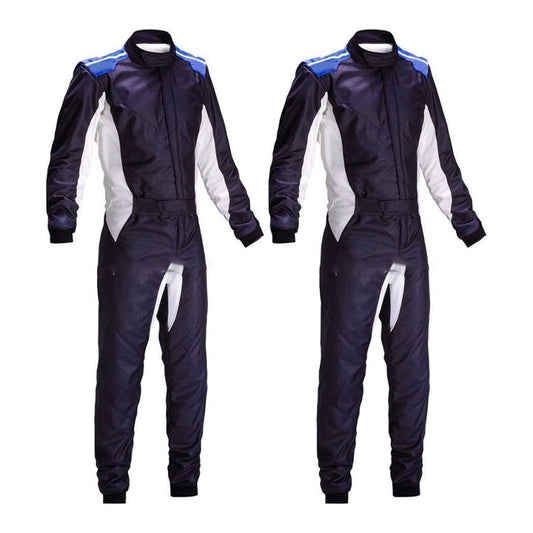 Two Karting Race Driver Suits laid out flat, one with the front view showing the chest and upper legs, and the other with the back view showing the lower back and upper arms.