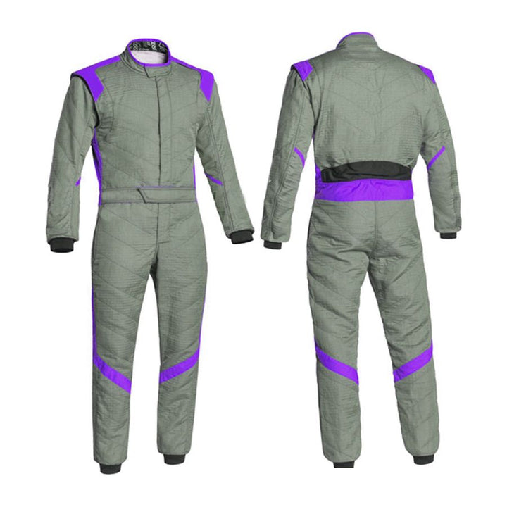 A one-piece gray karting race suit with purple accents, featuring a full zip, elasticated cuffs, and a fine collar with Velcro.