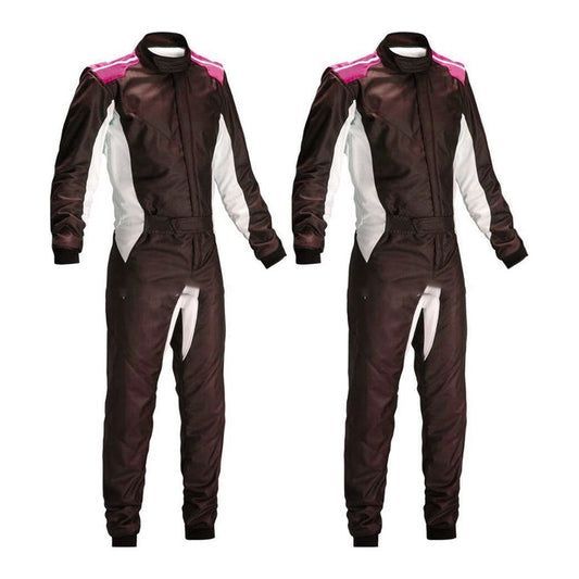 Two Karting Race Outfits, one in front and one in profile, featuring a primarily brown color with white and pink accents, designed for karting with a full zip and elasticated cuffs.