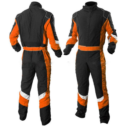 Black and Orange Karting Driver Suit – Front and backView Motorsport Racewear, Breathable Go Kart Uniform with Safety Padding for Adults and Youth