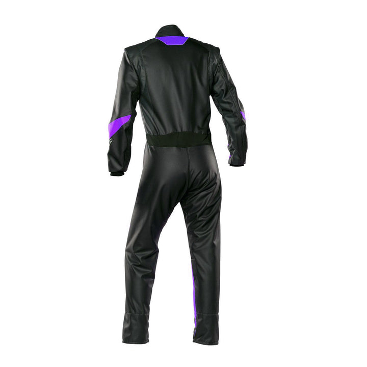 Back View of Black/Violet Karting Racing Driver Outfit – Professional Single-Piece Karting Driver Suit