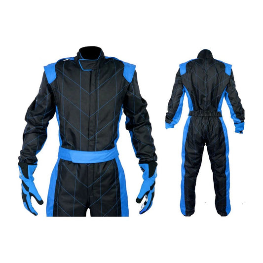 A one-piece black and blue karting racing suit with blue accents and a full zip front.