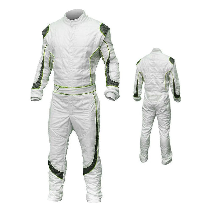 A white karting racing outfit with green accents, including a full zip, elasticated cuffs, and a fine collar with Velcro.