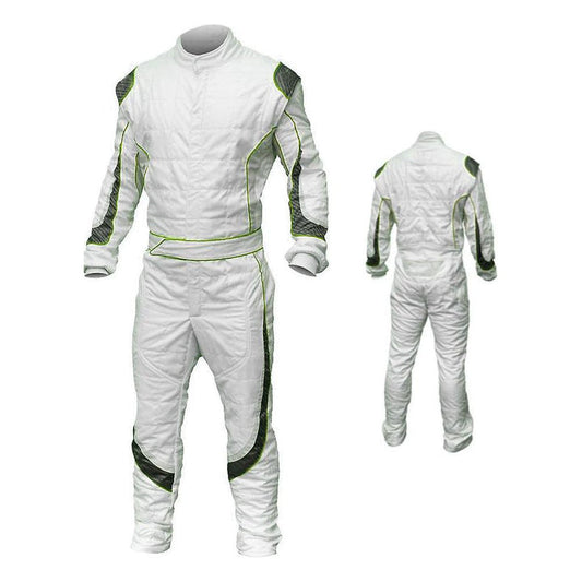 A white karting racing outfit with green accents, including a full zip, elasticated cuffs, and a fine collar with Velcro.
