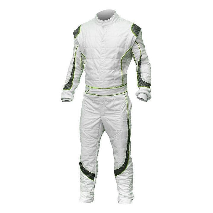 Front View of White Karting Racing Outfit – One-Piece Go-Kart Suit with Full Front Zip, Elasticated Cuffs and Ankles
