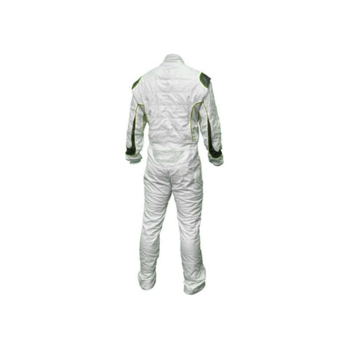 Back View of White Karting Racing Outfit – One-Piece Go-Kart Suit with Full Front Zip, Elasticated Cuffs and Ankles
