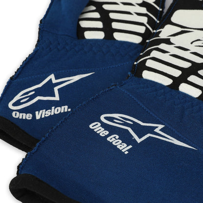 Kevin Magnussen 2022 F1 Racing Gloves Blue protective gear with 'one Vision' and 'One Goal' text and logo on a white background