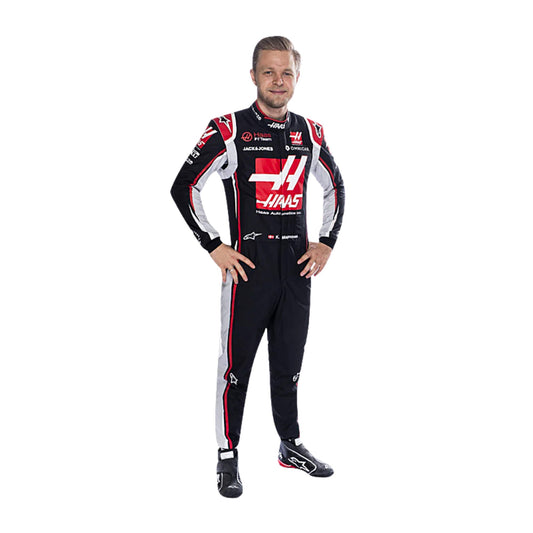 Kevin Magnussen 2018 F1 suit front view, black and red contrast with full sponsor panel and pro racing fit.