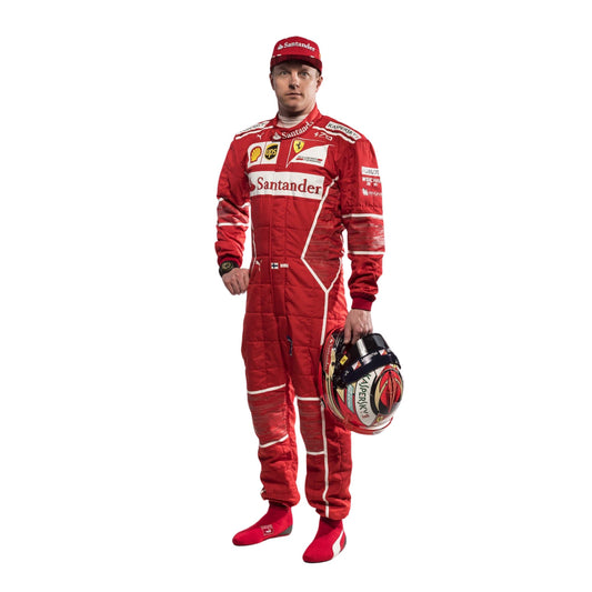 Kimi Raikkonen 2017 F1 racing suit front view, featuring Ferrari team branding and sponsor logos, designed for aerodynamic precision during high-speed races.