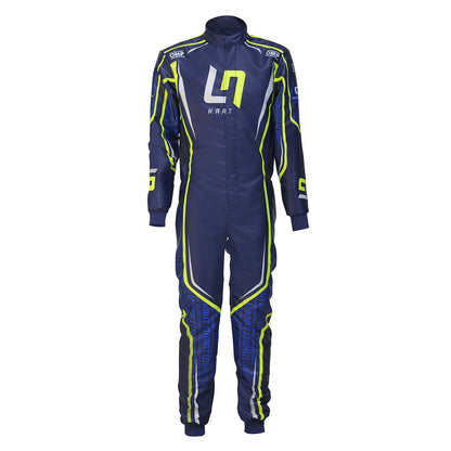 Front view of LN Kart Suit 2022 OMP overall karting suit in premium design, featuring ergonomic fit and breathable fabric for professional racing performance.