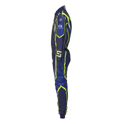 Side profile of LN Kart Suit 2022 OMP overall karting suit highlighting arm flexibility, sleek lines, and aerodynamic cut.