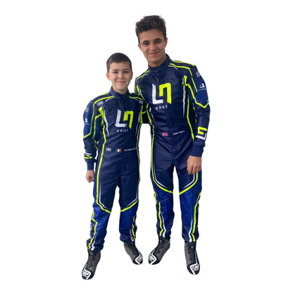 Front view of Lando Norris wearing LN Kart Suit 2022 OMP overall karting suit in premium design, featuring ergonomic fit and breathable fabric for professional racing performance.
