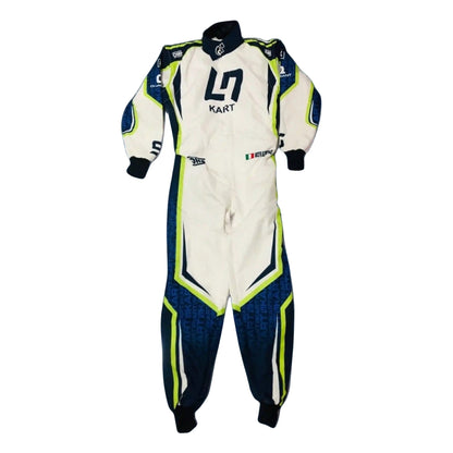Front view of LN Kart Suit 2022 OMP go-kart race suit designed for competitive karting with lightweight material and striking color contrast.