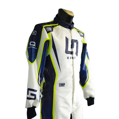 Side profile of LN Kart Suit 2022 OMP go-kart race suit showcasing comfort fit sleeves, protective padding, and streamlined look.