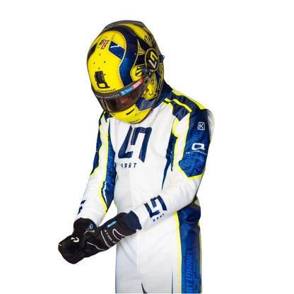 Side profile of Lando Norris wearing LN Kart Suit 2022 OMP go-kart race suit showcasing comfort fit sleeves, protective padding, and streamlined look.