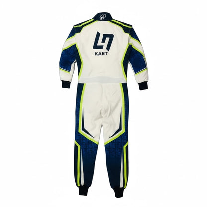 Back View of LN Kart Suit 2022 OMP go-kart race suit fabric texture with durable stitching and detailed logo.