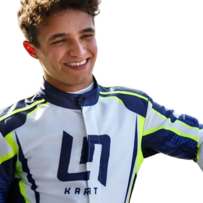 Close-up of Lando Norris wearning LN Kart Suit 2022 OMP go-kart race suit fabric texture with durable stitching and detailed OMP logo.